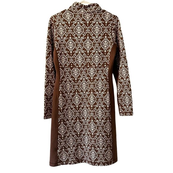Sahalie Anthropologie Jacquard‎ Sheath Dress Sz M Brown/White Stretch Modern - Picture 2 of 12